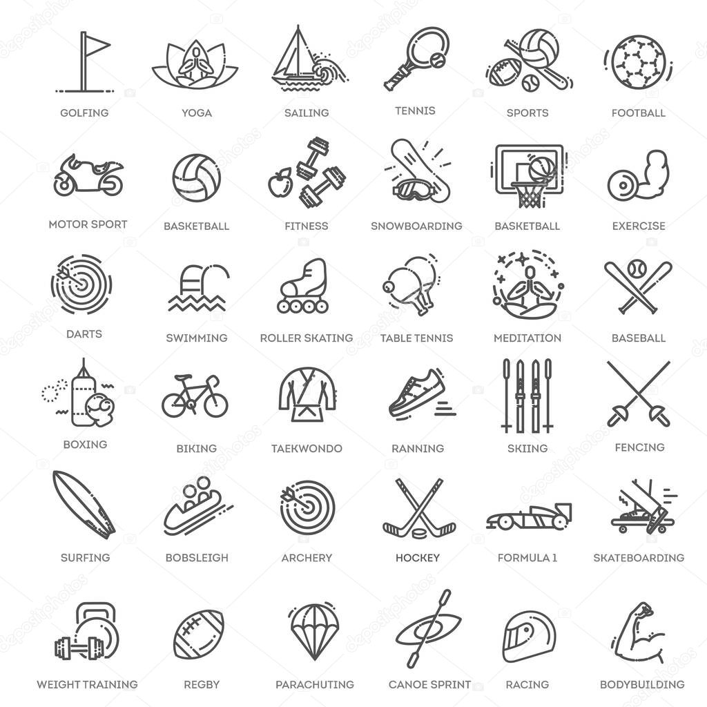 Web Set of Fittness Vector Thin Line Icons. Contains such Icons as Healthy Lifestyle, Weight Training