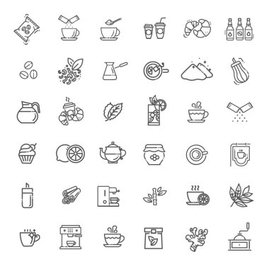 Kahve ve çay. Taslak Simgelerinin Seti