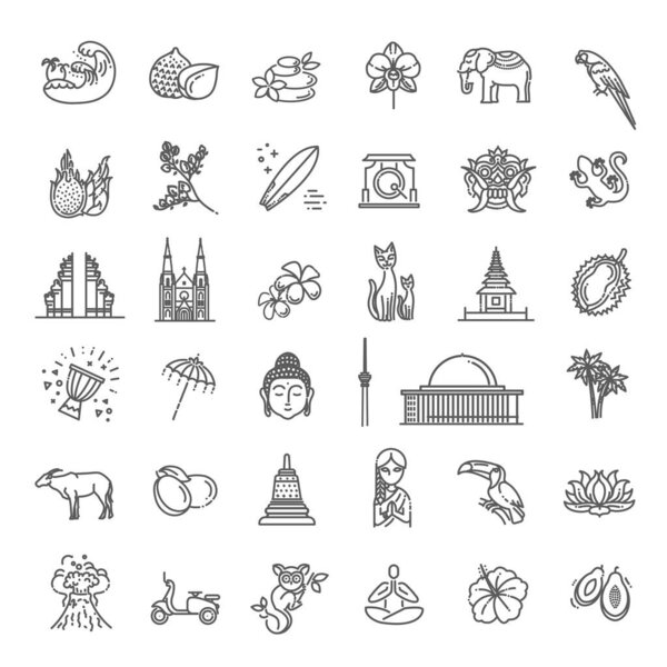 Indonesia icons set. Attractions, line design. Tourism in Indonesia, isolated vector illustration. Traditional symbols