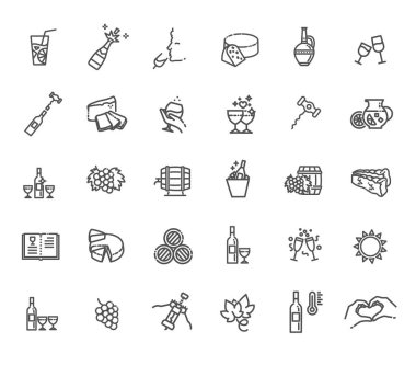 Şarap Simgeleri. Vektör İllüstrasyonu. Şarap simgeleri kümesi