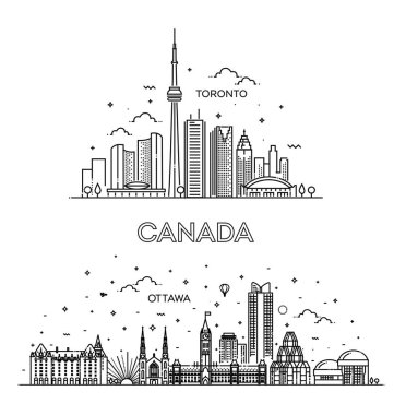 Toronto, Ottawa, ayrıntılı anıtlar silueti. Vektör illüstrasyonu