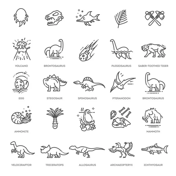 Conjunto de iconos modernos de diseño de línea plana vectorial y pictograma de especies de dinosaurios, vida prehistórica de la era — Vector de stock