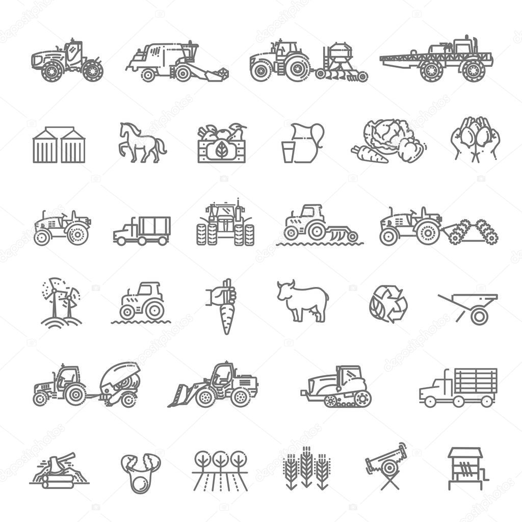 Farming and agriculture life concept. Harvester trucks, tractors, farmers and village farm buildings