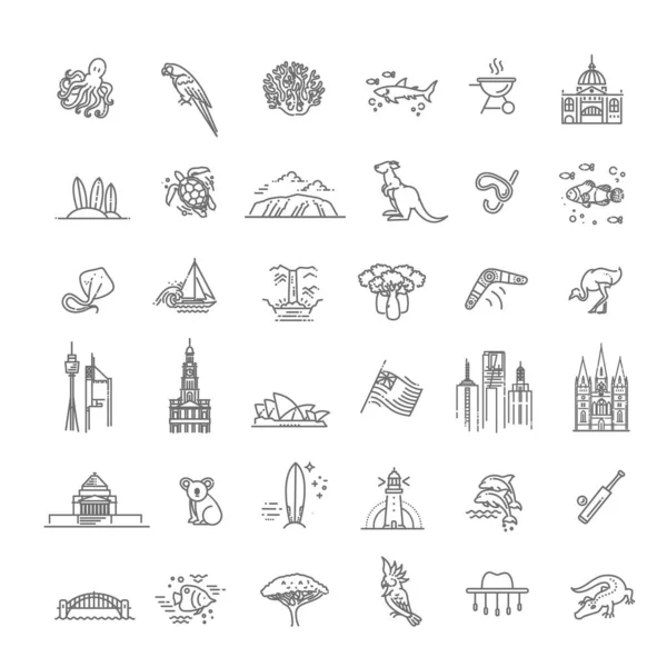 Conjunto gráfico vectorial. Cultura australiana, animales, tradiciones. Signo, elemento, emblema, símbolo — Archivo Imágenes Vectoriales