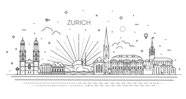 Zürich, Schweiz. Line Art Vector Illustration mit allen berühmten Gebäuden — Stockvektor