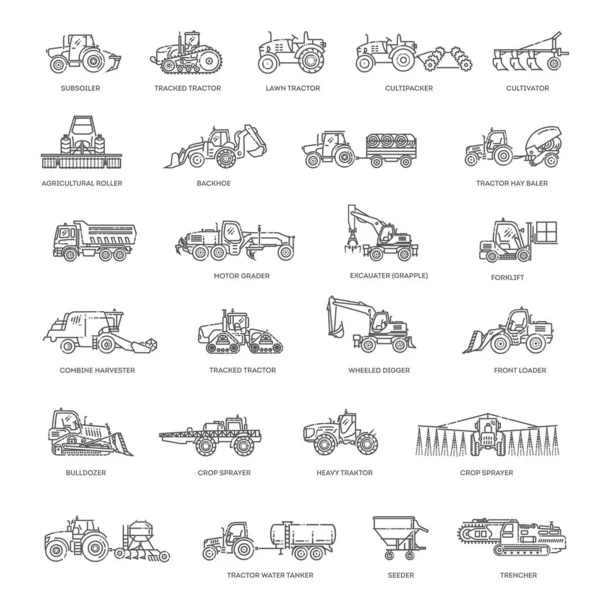 分離された産業用トラクター 収穫機 コンバイン 作物ダスター 播種機輸送アイコンコレクション — ストックベクタ