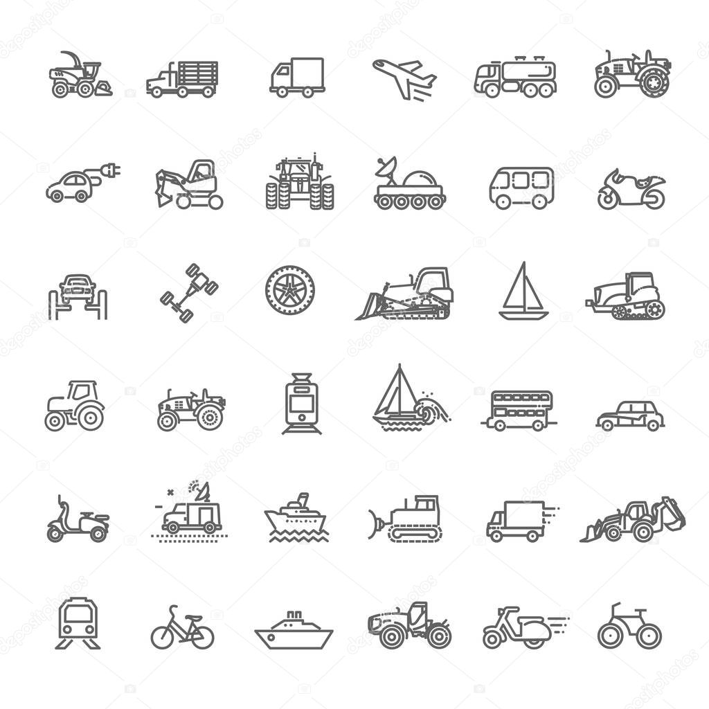 Transport icons, simple and thin line design