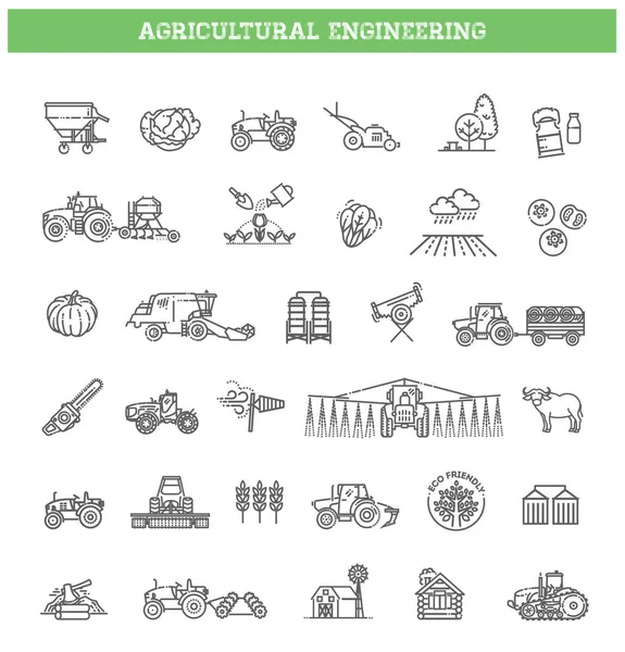 Sada vektorových ikon zemědělských a zemědělských strojů — Stockový vektor