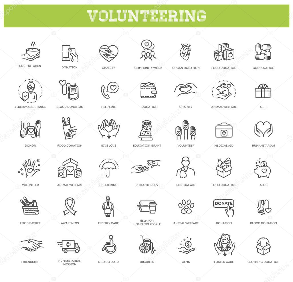 Charity, donation and volunteering icon set in thin line style