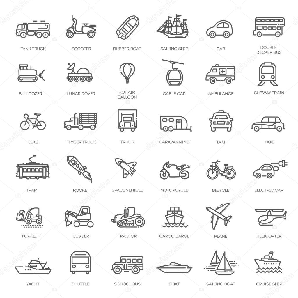 Transport, vehicle and delivery elements - minimal thin line web icon set