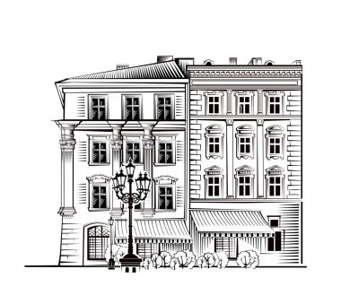 Lvov. Ünlü simgeleri olan doğrusal vektör şehir manzarası