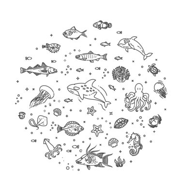 Deniz ya da okyanus hayvanları ikonları. Vektör illüstrasyonu.