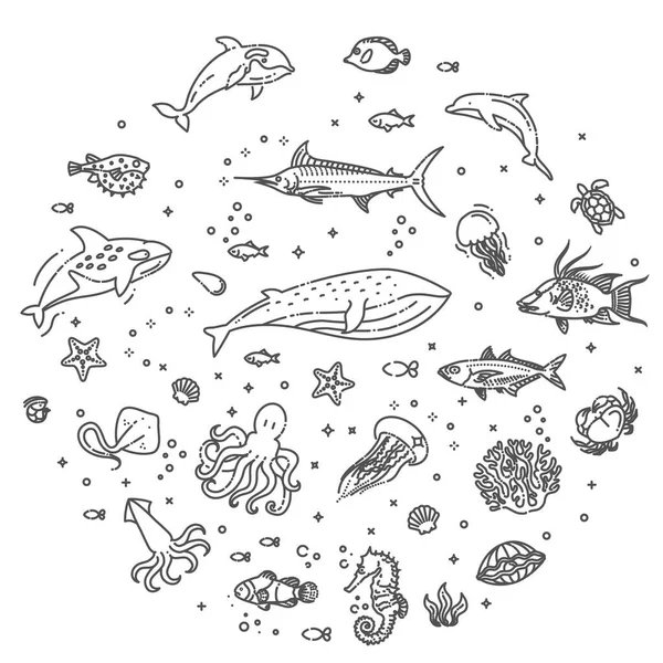 Conjunto de iconos de animales marinos o oceánicos.Ilustración vectorial — Vector de stock