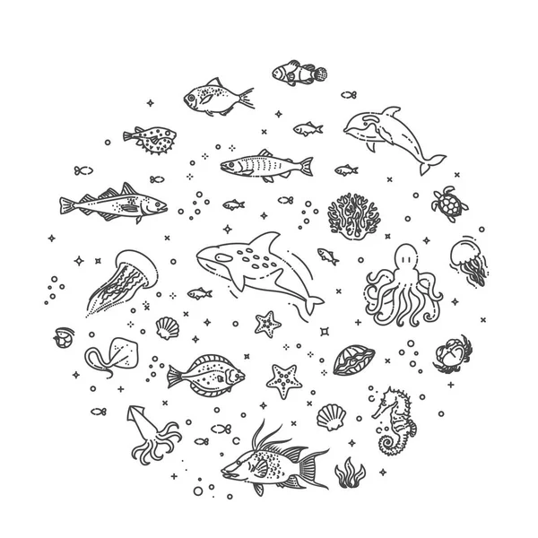 Conjunto de iconos de animales marinos o oceánicos.Ilustración vectorial — Vector de stock