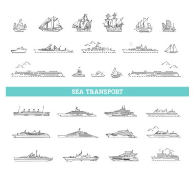 Vector line set of ships and boats. Vector collection