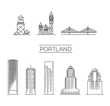 Portland, Oregon, detaylı anıtlar siluet vektör illüstrasyonu