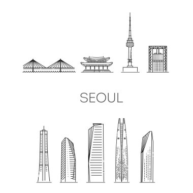 Seoul detailed monuments silhouette. Vector illustrationyline set. Vector symbols