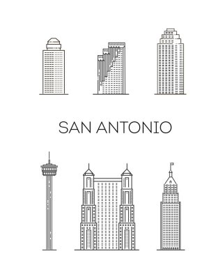 San Antonio, Teksas, mimari siluet çizimi. Ünlü simgeleri olan doğrusal vektör şehir manzarası