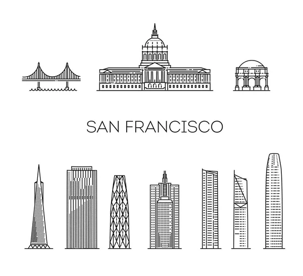 サンフランシスコの建築ラインスカイラインイラスト ランドマークの有名な線形ベクトルの街並み — ストックベクタ