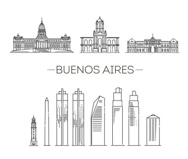Buenos Aires, Arjantin şehir vektör çizimi, sembol, seyahat manzarası, dönüm noktaları