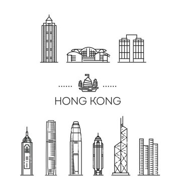 Hong Kong, Çin, şehir vektör çizimi, sembol, seyahat manzarası, dönüm noktaları