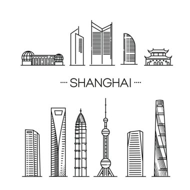 Shanghai anıtların siluetini detaylandırdı. Vektör illüstrasyonu