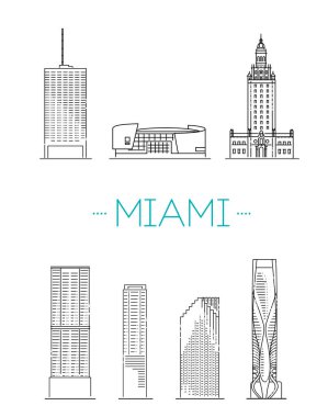 Miami city, Florida, icons Miami detailed monuments silhouette