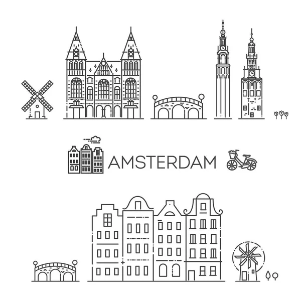 Amsterdam Reise Wahrzeichen Der Historischen Gebäude Dünne Linie Symbol — Stockvektor