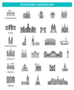 Düz çizgi tasarım biçimi vektör çizim simgeleri, turistik alanların, tarihi binaların, kulelerin logoları ve setleri
