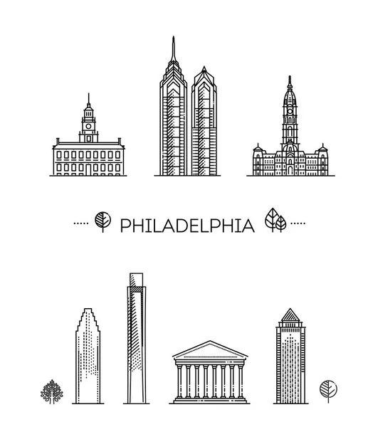 Philadelphia Mimari Serisi Ufuk Çizgisi Çizimi Ünlü Simgeleri Olan Doğrusal — Stok Vektör