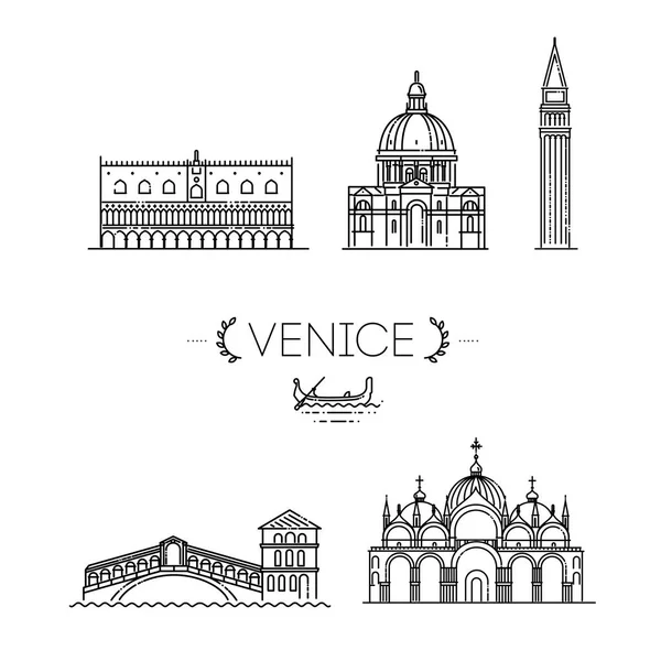 Venecia Line Art Ilustración Vectorial Con Todos Los Edificios Famosos — Vector de stock