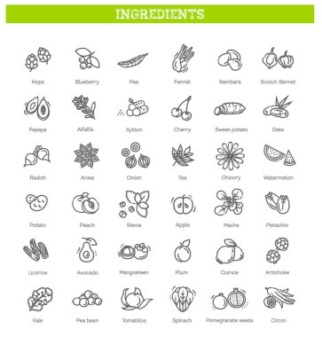 Yiyecek, sebze, meyve, böğürtlen, fasulye, organik diyet, aşçılık çizgisi simgeleri, tabelgeler