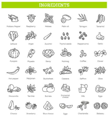 Yiyecek, sebze, meyve, böğürtlen, fasulye, organik diyet, aşçılık çizgisi simgeleri, tabelgeler