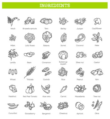 Yiyecek, sebze, meyve, böğürtlen, fasulye, organik diyet, aşçılık çizgisi simgeleri, tabelgeler