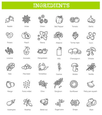 Yiyecek, sebze, meyve, böğürtlen, fasulye, organik diyet, aşçılık çizgisi simgeleri, tabelgeler