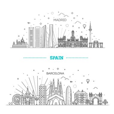 Banner of Spain city skyline in flat line trendy style. City line art