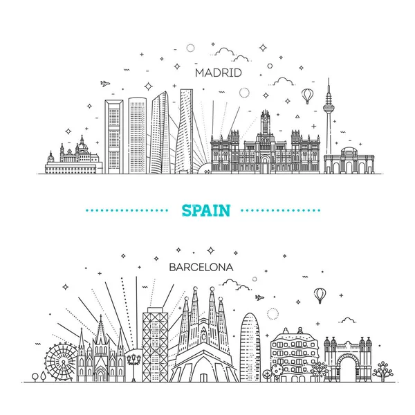 Banner of Spain city skyline in flat line trendy style. City line art