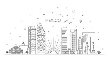 Mexico City 'nin doğrusal bayrağı. Modern binalarla iş seyahati ve turizm kavramı