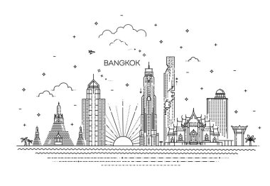 Bangkok şehrinin sancağının silüeti düz çizgi modasında. Bangkok şehir çizgisi