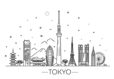 Tokyo simgeleri ve kültürünün düz simgeleri kümesi vektör illüstrasyonunu içerir