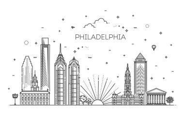 Ünlü simgeleri olan doğrusal vektör şehir manzarası