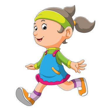 Küçük kız resimlerin mutlu yüzüyle koşuyor.