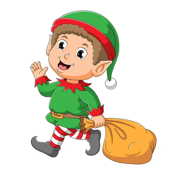Menino Elfo Bonito Está Acenando Segurando Saco Ilustração — Vetor de Stock