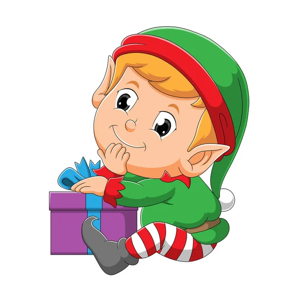 Elfo Com Rosto Feliz Está Sentado Perto Caixa Presente Ilustração — Vetor de Stock