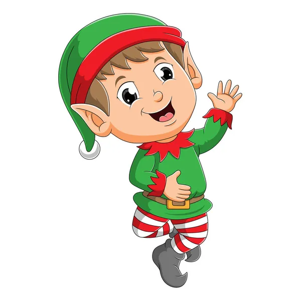 Niño Elfo Feliz Con Sombrero Santa Está Agitando Mano Ilustración — Vector de stock