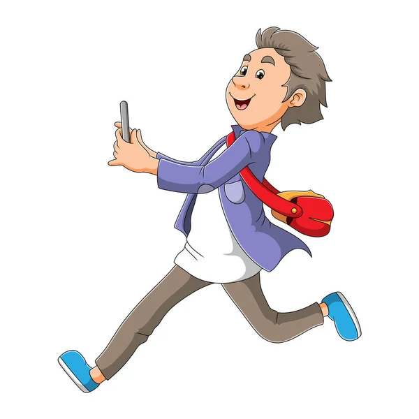 Hombre Está Corriendo Sosteniendo Teléfono Móvil Ilustración — Vector de stock