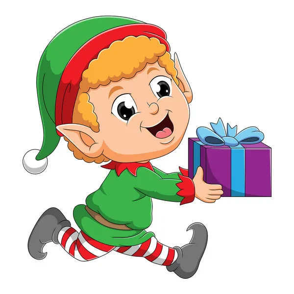 Elf Little Boy Running Holding Gift Illustration — Stock Vector