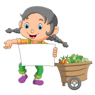 Sebze sepetinin yanında boş bir tahta tutan mutlu kız.