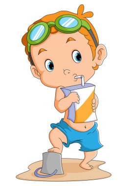 Çocuk illüstrasyon plajında meyve suyu içiyor.