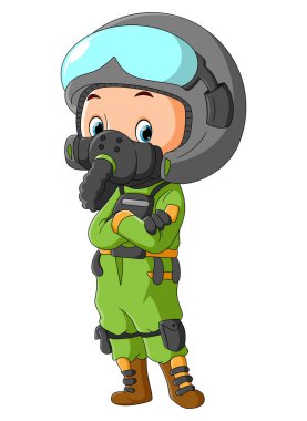 Pilot jet uçağı resimlerin koruyucu kostümünü kullanıyor.